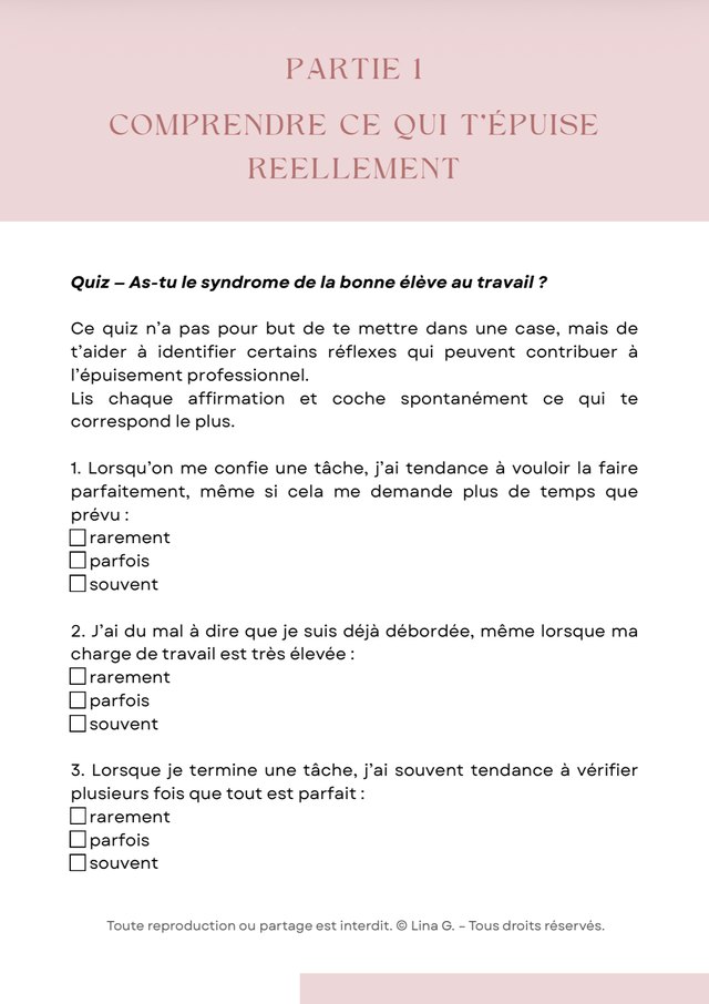 Page du workbook : quiz « As-tu le syndrome de la bonne élève au travail ? » avec cases à cocher