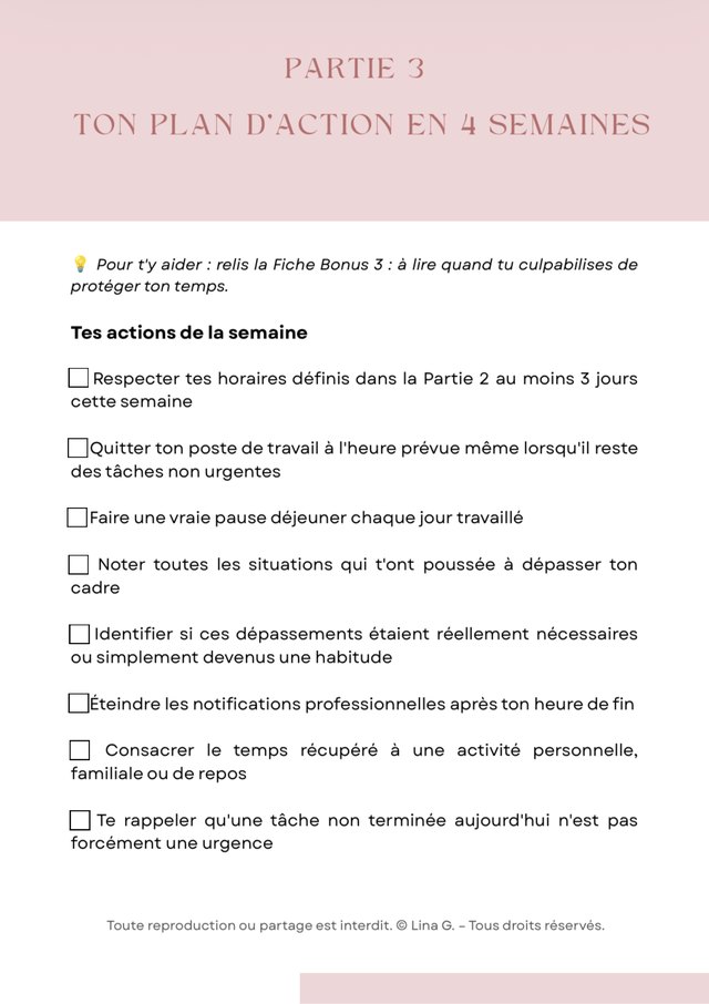 Page du workbook : liste des actions de la semaine à cocher dans le plan d'action