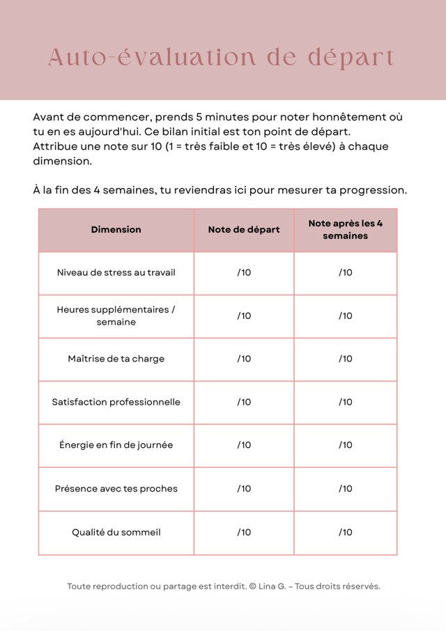Page du workbook : tableau d'auto-évaluation avec une note de départ et une note après 4 semaines