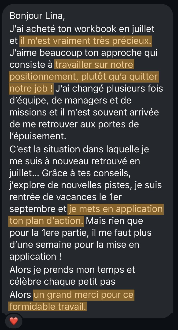 Message Instagram d'une cliente : elle apprécie l'approche qui consiste à travailler son positionnement plutôt que quitter son poste, et applique le plan d'action à son rythme